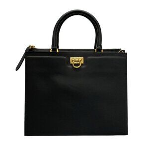 Auth Salvatore Ferragamo Gancini DH-21H995 Black Leather Handbag